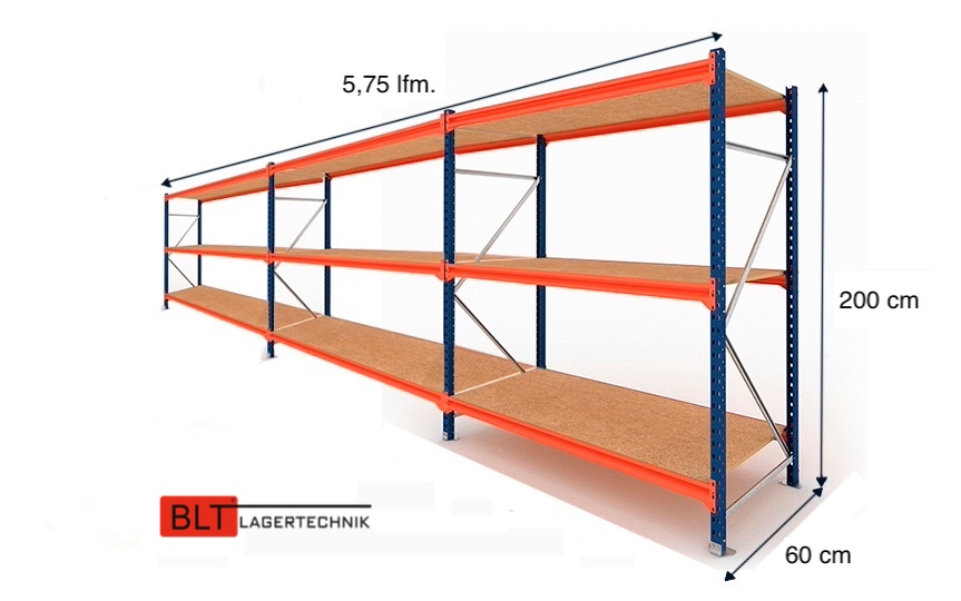 5,75 lfm Weitspannregale 60cm tief , 3 Ebenen, Werkstattregale , Lagerregale , Großfachregale , Handlager , Fachbodenregale